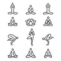 Fotobehang Yoga icons and logos set - graphic design elements in outline style for spa center, fitness or yoga studio Yoga. Set of line icons and symbols. Vector illustration. © 3xy