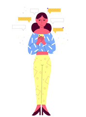 Girl chatting with someone on white background abstract modern style 