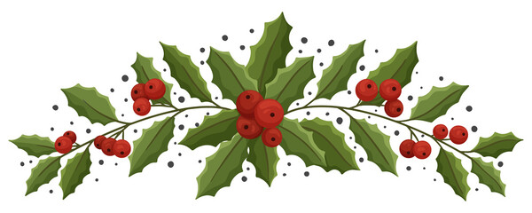 Naklejka premium Christmas floral composition with holly berry. Modern design for Holidays invitation card, poster, banner, greeting card, postcard, packaging, print. Vector illustration. 