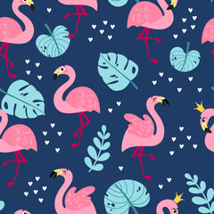 Seamless pattern with cartoon flamingos. Summer tropical vector texture on dark blue background. Background for a children's book, print, poster, stickers, fabric, wrapping paper.
