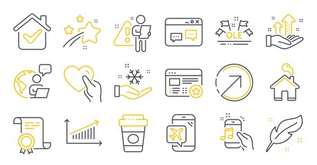 Set of Business icons, such as Music phone, Takeaway coffee, Chart symbols. Feather, Favorite, Direction signs. Certificate, Hold heart, Flight mode. Analysis graph, Freezing, Ole chant. Vector