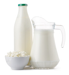 Fresh dairy products milk and cottage cheeese isolated on white