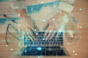 Businessman with computer background with technology theme hologram. Concept of big data. Double exposure.