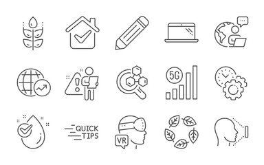 5g wifi, Organic tested and Laptop line icons set. Water drop, Education and Augmented reality signs. Face id, Gluten free and Time management symbols. Line icons set. Vector