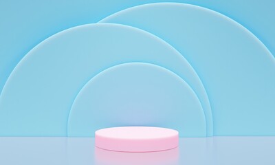 Scene with podium for mock up presentation in pink and blue color, minimalist style with copy space, 3d render abstract background