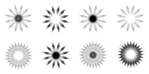 Collection of black and white mandala sun stars flower sunburst floral petal element objects icons set vector illustration, abstract background texture wallpaper pattern seamless art graphic design 