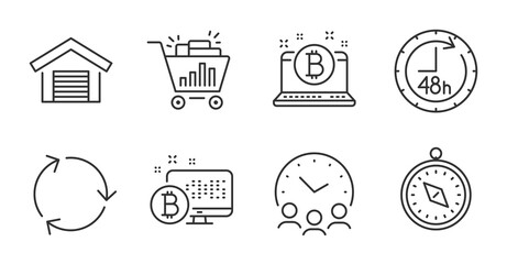 Travel compass, Bitcoin system and Parking garage line icons set. Meeting time, Recycling and Bitcoin signs. Seo shopping, 48 hours symbols. Quality line icons. Travel compass badge. Vector