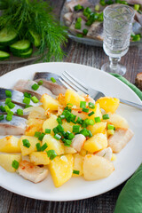 fried potatoes with chicken fillet on a white plate with salted herring pieces, selective focus