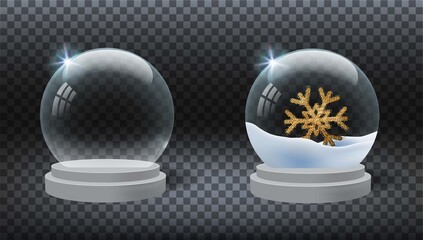 Realistic Christmas snow globe mockup composition with snowflake on transparent background with shadows and lights vector illustration. Realistic traditional  Xmas magical toy, empty sphere.  - 381411758