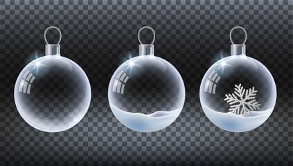 Vector realistic transparent Christmas ball with snow and snowflake. Template of glass transparent Christmas ball. Vector object for design, mock-up. Shiny toy with silver glow.