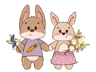Cute hare and bunny in hand drawn style. Little vintage characters for children's books, fairy tales, wallpapers, print, textile, fabric, cotton, poster, children. Vector illustration rabbits.