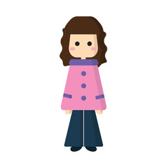 A young woman with dark brown curly hair wearing pink coat and jeans. Flat vector illustration on white background.