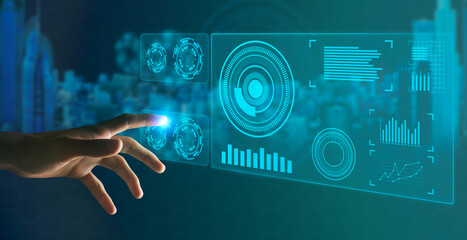 Person reaching out to virtual panel with finger