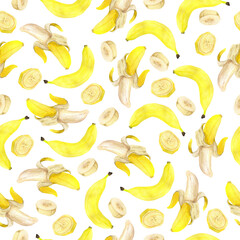 Seamless pattern with fresh yellow bananas on white background. Hand drawn watercolor illustration.