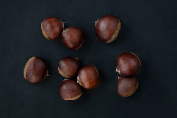 Horse chestnuts (Aesculus) fruits on a dark  background. Sweet chestnuts for Christmas Top view. Flat lay