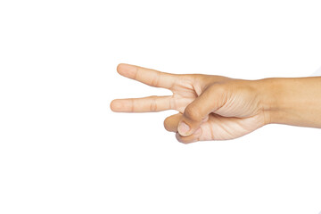 Hand holding two fingers on a white background