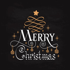 Merry Christmas greeting card. Vector illustration of hand drawn lettering calligraphy, winter holidays decoration on textured background. Poster design, logo, icon, banner, print for seasonal goods