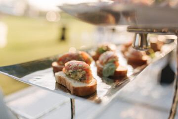 Different luzury snacks and antipasto on party. Gig table with snack outdoors
