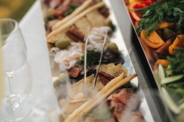 Different luzury snacks and antipasto on party. Gig table with snack outdoors