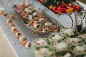 Different luzury snacks and antipasto on party. Gig table with snack outdoors