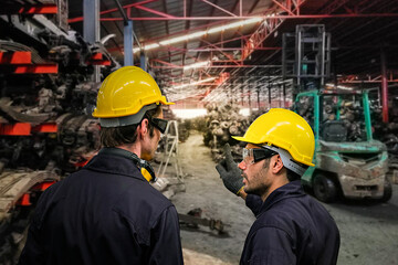 profession technician engineer and Apprentice discussion in factory