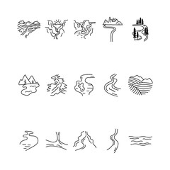 Fototapeta premium Simple vector valleys, rivers and mountains icons shapes set. Logo creation kit. Outdoor adventure line art elements bundle. Silhouette linear concept. Stock vector