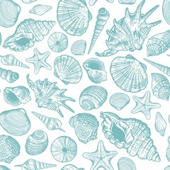 Sea shells green vector seamless pattern. Realistic hand drawn marine background with nature ocean aquatic mollusk shell