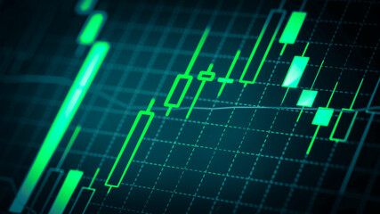 Stock market chart which including of currency symbol and Up/Down trend on monitor. Yellow Background with currency bars and candlestick chart