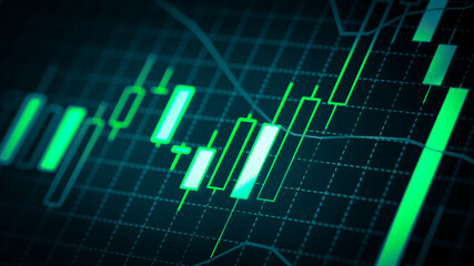 Stock market chart which including of currency symbol and Up/Down trend on monitor. Yellow Background with currency bars and candlestick chart