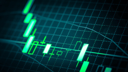 Stock market chart which including of currency symbol and Up/Down trend on monitor. Yellow Background with currency bars and candlestick chart