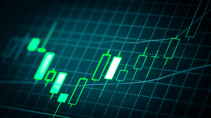 Stock market chart which including of currency symbol and Up/Down trend on monitor. Yellow Background with currency bars and candlestick chart