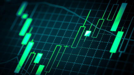 Stock market chart which including of currency symbol and Up/Down trend on monitor. Yellow Background with currency bars and candlestick chart