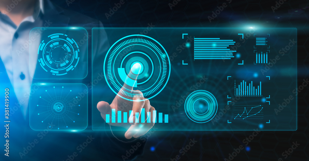 Aufkleber unrecognizable man touching virtual panel with finger