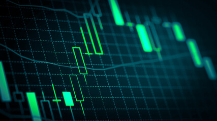 Stock market chart which including of currency symbol and Up/Down trend on monitor. Yellow Background with currency bars and candlestick chart