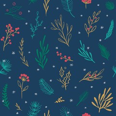 Fototapeta na wymiar Beautiful Christmas pattern. Vector seamless pattern with floral elements. Winter seasonal background, holiday wrapping paper.