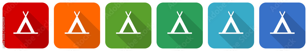Aufkleber camp icon set, flat design vector illustration in 6 colors options for webdesign and mobile applicat