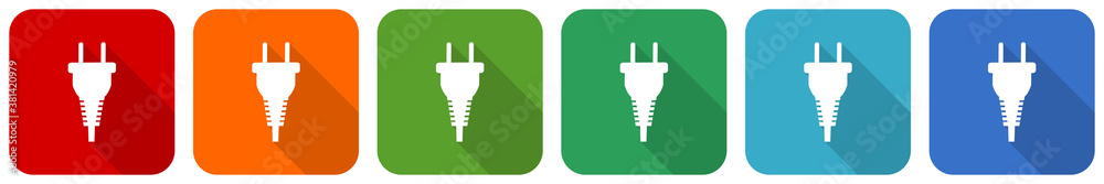 Poster Plug icon set, flat design vector illustration in 6 colors options for webdesign and mobile applications