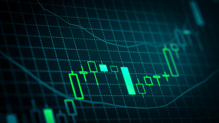 Stock market chart which including of currency symbol and Up/Down trend on monitor. Yellow Background with currency bars and candlestick chart