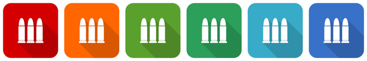 Ammunition icon set, flat design vector illustration in 6 colors options for webdesign and mobile applications