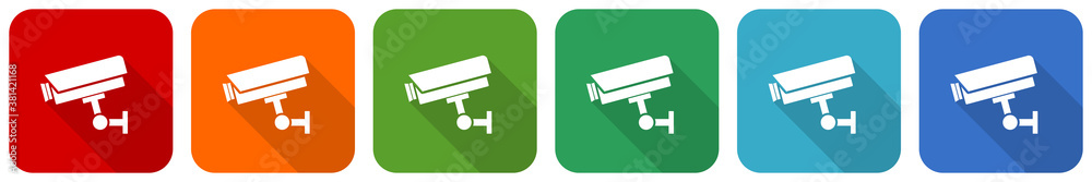 Aufkleber cctv camera icon set, flat design vector illustration in 6 colors options for webdesign and mobile a