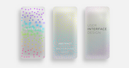 Mobile application screen page backgrounds set with plastic transparent effect and neon color liquid flow fluid shapes. User interface app template. Eps10 vector.