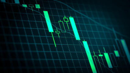 Stock market chart which including of currency symbol and Up/Down trend on monitor. Yellow Background with currency bars and candlestick chart