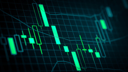 Stock market chart which including of currency symbol and Up/Down trend on monitor. Yellow Background with currency bars and candlestick chart