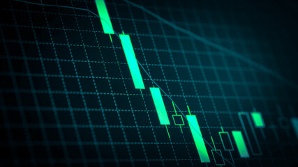 Stock market chart which including of currency symbol and Up/Down trend on monitor. Yellow Background with currency bars and candlestick chart