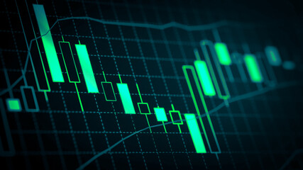 Stock market chart which including of currency symbol and Up/Down trend on monitor. Yellow Background with currency bars and candlestick chart