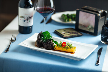 Veal cheeks in wine sauce and sweet potato puree