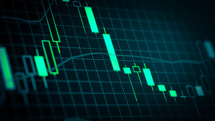 Stock market chart which including of currency symbol and Up/Down trend on monitor. Yellow Background with currency bars and candlestick chart