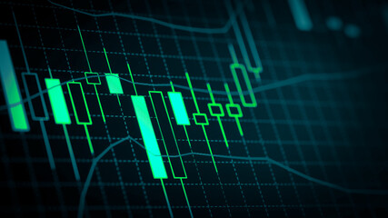 Stock market chart which including of currency symbol and Up/Down trend on monitor. Yellow Background with currency bars and candlestick chart