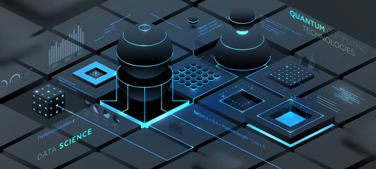 Artificial intelligence and robotic quantum computing processor isometric concept for business technology, engineering and innovations design. Eps10 vector illustration