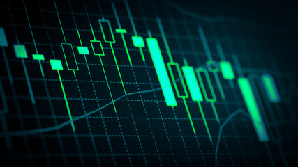 Stock market chart which including of currency symbol and Up/Down trend on monitor. Yellow Background with currency bars and candlestick chart